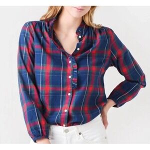 Trovata Birds of Paradis Tartan Plaid Michelle Button Down Shirt Ruffle Lrg Xmas